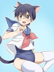 alternate_costume animal_ears black_hair blue_background blush brown_eyes cat_ears cat_tail catboy crossdressing femboy fully_clothed gintama kemonomimi male male_only one-piece_swimsuit punchiki school_swimsuit school_uniform serafuku shimura_shinpachi short_hair smile solo swimsuit teen_boy teenager thighhighs white_legwear white_thighhighs