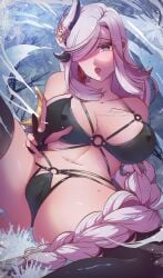 1girls 2023 big_breasts curvy_body curvy_female curvy_figure genshin_impact hair_braid high_resolution highres himmely long_hair mihoyo shenhe_(genshin_impact) voluptuous_female white_hair