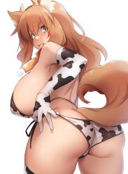 1girls armpits back_view big_ass big_breasts cow_print cow_print_bikini cow_print_thighhighs fate/extra_ccc fate/grand_order fate_(series) female fox_ears fox_girl fox_tail kuronyan large_breasts long_hair looking_back orange_hair sideboob solo suzuka_gozen_(fate)