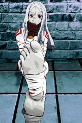 5_toes boobnasslover deadman_wonderland feet female female_only foot_fetish long_hair looking_at_viewer pale-skinned_female pale_skin shiro_(deadman_wonderland) smile soles toes white_hair