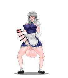 1futa balls balls_expansion big_breasts bottomless breasts clothed clothing erection full_body futa_only futanari huge_ass huge_balls huge_breasts huge_cock human light-skinned_futanari light_skin mostly_clothed nipples penis penis_expansion pre-transformation sagging_balls sakuya_izayoi solo species_transformation squatting stelladiaabbys thick_thighs touhou transformation wide_hips