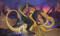 2_tails 3_heads bodily_fluids destruction detailed_background dragon duo godzilla_(series) kaiju king_ghidorah male/male rear_view tail_play toho tongue_out wings yaoi zilla