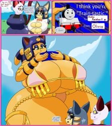 animal_crossing ankha ankha_reinhart_(user3345) ankha_simpson_(user3345) big_ass big_breasts breasts bubble_butt english_text giantess huge_ass olivia_(animal_crossing) tagme text thomas_and_friends thomas_the_tank_engine user3345