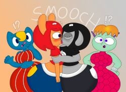 3barts 4girls anthro black_hair blonde_hair blue_eyes blush cat_ears cat_tail clothing feline female katy_kat kissing lamb lammy_lamb lipstick multiple_girls parappa_the_rapper rammy_lamb red_hair sheep sony_interactive_entertainment teriyaki_yoko thick_thighs um_jammer_lammy wide_hips