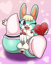 animal_crossing anthro anus ass balls big_butt clothing english_text frilly_stockings fur furry furry_only genitals heart heart_pasties hi_res holidays lagomorph legwear leporid looking_at_viewer male male_only mammal nintendo one_eye_closed open_mouth open_smile pasties penis presenting rabbit sasha_(animal_crossing) smile solo someth1ngoranother stockings text thick_thighs valentine's_day valentines_day_card wink