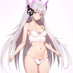 1girls belly blush bottomless breasts camisole female haruyuki86 haruyuki_(karem) headgear liv_(punishing:_gray_raven) long_hair navel pink_eyes punishing:_gray_raven robot_girl solo standing topless underwear white_hair