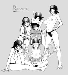 bandana barefoot black_and_white black_hair bondage breasts feathers feet female fundoshi hand_over_mouth kidetic kidnapped kusujinn light_skin nipple_pinch nipple_play no_bra pirate pirate_crew ransom restrained rope tagme tickle_fetish tied_to_chair underwear