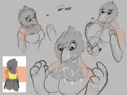 anthro avian bird cum cum_on_face cum_through_chest_fluff cum_through_clothes cumshot disembodied_penis facial furry human human_on_anthro humanoid_penis large_breasts paizuri paizuri_under_clothes titfuck titfuck_under_clothes