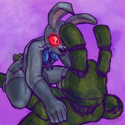 1boy ambiguous_gender ambiguous_penetration animatronic anthro ass bow bunny bunny_girl clothed clothing female five_nights_at_freddy's five_nights_at_freddy's:_security_breach five_nights_at_freddy's_3 furry hand_on_shoulder implied_penetration implied_sex just_a_lil_guy male male/female rabbit rabbit_humanoid red_eyes riding springtrap springtrap_(fnaf) thick_thighs two_tone_fur vanny vanny_(fnaf) william_afton