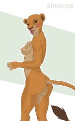 absurd_res anthro ass big_butt blush bodily_fluids breasts disney felid female fur hi_res kiara lion looking_at_viewer mammal nipples nude orange_body orange_fur pantherine pink_nipples red_eyes saliva saliva_on_tongue seductive shvarnolion side_boob smile smiling_at_viewer solo standing tail the_lion_king