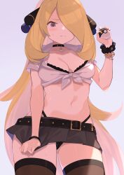 1girls adjusting_clothes alternate_costume ass_visible_through_thighs belt black_belt black_bra black_choker black_panties black_scrunchie black_skirt black_thighhighs blonde_hair blush bra bra_cups_sticking_out breasts cameltoe choker cleavage closed_mouth collarbone creatures_(company) crop_top cute cynthia_(pokemon) female female_only front-tie_top fully_clothed g-string game_freak gold_bracelet grey_eyes hair_ornament hair_over_one_eye hand_up hi_res high_resolution highleg highleg_panties highres holding holding_poke_ball legwear long_hair medium_breasts microskirt midriff miniskirt navel nintendo panties panty_straps pantyshot partially_visible_vulva poke_ball pokeball pokemon pokemon_(anime) pokemon_(game) pokemon_bw pokemon_bw2 pokemon_champion pokemon_dppt pokemon_trainer raised_eyebrows revealing_clothes scrunchie seductive short_skirt shy sidelocks skimpy_clothes skirt skirt_tug solo spring2013 stomach sweatdrop thighhighs thighs thong thong_above_skirt thong_straps tights tugging_clothing ultra_ball underwear very_long_hair wavy_mouth wide_hips wrist_scrunchie