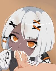 1boy 1girls big_penis blowjob cheek_bulge cum cum_in_mouth cyborg dark-skinned_female dark_skin expressionless fellatio female freckles fully_clothed gloves hair_ornament interracial light-skinned_male light_skin male male_pov orange_eyes penis pov punishing:_gray_raven robot_girl short_hair simple_background sophia_(punishing:_gray_raven) white_hair