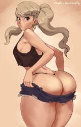 1girls ann_takamaki atlus big_butt black_tank_top black_thong blonde_hair blue_eyes blue_shorts booty_shorts bubble_butt butt dressing ear_piercing earrings fat_ass female female_only getting_dressed hips huge_butt large_butt persona persona_5 pulling_up_pants short_shorts shorts solo solo_female tank_top thats-lewdacris thick_thighs thighs thong topwear twintails wide_hips