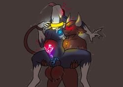 2d absurd_res anthro bovid bovine cattle chastity_cage chastity_device collar crilix crilix_(fursona) demon domestic_cat dominant dominant_male duo etzzu_(crilix) felid feline felis fertility_symbol furry furry_male hi_res male male/male male_only mammal pubic_tattoo shaking size_difference stomach_bulge tattoo trembling