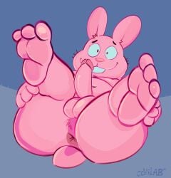 anthro anus ass ass_up backsack balls buckteeth cartoon_network cchilab erection feet fur genitals hi_res lagomorph legs_up leporid lying male male_only mammal nude on_back overweight overweight_male penis pink_body pink_fur rabbit richard_watterson smile solo teeth the_amazing_world_of_gumball