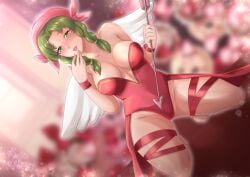 1girls arrow blurry_background blush cleavage cupid's_arrow female female_only fire_emblem fire_emblem:_the_blazing_blade green_eyes green_hair hair_ornament looking_at_viewer nail_polish nintendo rebecca_(fire_emblem) ribbon rinku_bny solo wings