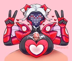 blowjob brawlhalla breasts colored_skin front_view heart humanoid mask oamepersonal paizuri peace_sign penis_between_breasts robot robot_girl val_(brawlhalla) white_hair