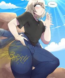 1girls big_ass big_butt billdenovo black_shirt blush english_text fart fart_cloud fart_fetish farting hand_on_hip jeans pink_eyes solo_female standing sweat text text_bubble thick_thighs white_hair