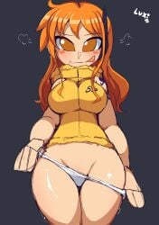 artist_signature bikini_bottom clothing egghead female female_only headwear jacket looking_at_viewer luxidoro nami no_pants one_piece orange_eyes orange_hair panties post-timeskip revealing_clothes signature skimpy solo underwear undressing white_panties white_underwear