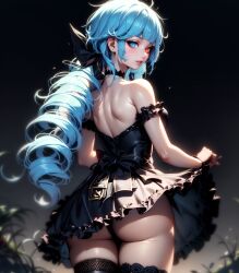 ai_generated ass bare_shoulders blue_hair choker clothed clothing dress gwen_(league_of_legends) heterochromia league_of_legends lifted_dress long_hair looking_at_viewer ribbon stockings tagme thick_thighs thigh_squish