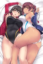 2022 2girls ass bangs black_hair black_one-piece_swimsuit blue_jacket blush breasts brown_eyes brown_hair collarbone competition_swimsuit covered_navel dark-skinned_female dark_skin grin hair_tie highleg jacket large_breasts light-skinned_female long_hair lying mizuhara_yuu multiple_girls on_back on_side one-piece_swimsuit open_mouth original red_jacket shiny_skin sideboob smile swimsuit thighs twintails whistle white_one-piece_swimsuit yellow_eyes