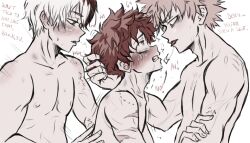 3boys anal bite_mark dialogue english_text izuku_midoriya katsuki_bakugou kinnme my_hero_academia shouto_todoroki threesome yaoi