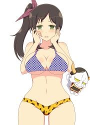 1girls bikini brown_hair female front_view green_eyes ichiryuu_tsumiki large_breasts light-skinned_female light_skin long_hair looking_at_viewer murakumo_(senran_kagura) oni_mask open_mouth ponytail ribbon senran_kagura simple_background solo white_background