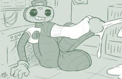 1boy autofootjob cum cumshot deltarune excessive_cum feet footjob hyper hyper_balls hyper_penis k_k_(deltarune) male male_focus male_only mintgears monochrome orgasm papules robot socks solo solo_male