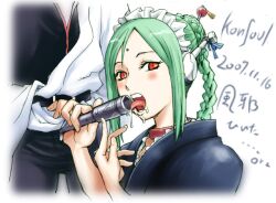 1boy 1girls android blush braid braided_hair braided_ponytail drooling erection faceless_male female female_focus forehead_mark gintama gintoki_sakata green_hair headphones holding_penis joy_division kimono licking_penis looking_at_viewer maid_headdress male mole open_pants penis penis_transformation phallic_symbol red_eyes robot_girl saliva screwdriver sexually_suggestive single_braid tama_(gintama) transformation what