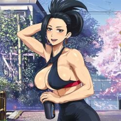 1girls abs big_ass big_breasts bimbo black_eyes black_hair earrings erect_nipples hoop_earrings krabby_(artist) momo_yaoyorozu my_hero_academia nipples protein_shake smile sports_bra sportswear thick_ass thick_thighs tight_clothes workout yoga_pants