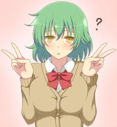 1girls ? bangs breast_squeeze female fully_clothed green_hair hikage_(senran_kagura) ichiryuu_tsumiki large_breasts light-skinned_female light_skin medium_hair open_mouth peace_sign ribbon senran_kagura simple_background solo tight_clothing yellow_eyes