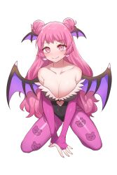 1girls babypink_(vtuber) blush cleavage clothing cosplay darkstalkers double_bun eyebrows_visible_through_hair female female_only happy head_wings heart_cutout indie_virtual_youtuber large_breasts light-skinned_female light_skin looking_at_viewer morrigan_aensland_(cosplay) pink_eyes pink_hair simple_background smile solo usagi1923 virtual_youtuber white_background wings