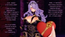 1boy 1girls 2koma 3d breasts camilla_(fire_emblem) cheating chocolate cleavage corrin_(fire_emblem) corrin_(fire_emblem)_(male) english_text female female_focus fire_emblem fire_emblem_fates gift hair_over_one_eye heart indoors large_breasts long_hair looking_at_viewer male male_pov mature mature_female milf nintendo purple_eyes purple_hair smile solo_focus text v-kris valentine valentine's_day