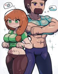 1boy 1girls abs alex_(minecraft) beard big_breasts brown_hair female green_eyes large_breasts light-skinned_female light_skin male minecraft muscular muscular_male navel orange_hair ponytail soaked steve_(minecraft) thick_thighs thighs tony_welt wet wide_hips