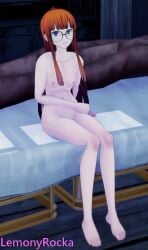 1girls 3d 3d_(artwork) bed female female female_only glasses koikatsu lemonyrocka megami_tensei naked nude nude_female orange_hair persona persona_5 sakura_futaba shin_megami_tensei sitting sitting_on_bed smiling smiling_at_viewer