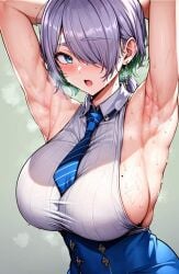 1girls ai_generated armpits arms_behind_head big_breasts brid_(nikke) female female_only goddess_of_victory:_nikke hands_behind_head open_mouth sideboob solo steaming_body sweat