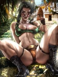 ass athletic athletic_female bare_midriff big_breasts boots braid breasts brown_eyes brown_hair bubble_butt busty cleavage crop_top emerald_weapon_(artist) eyewear female female_focus female_only hourglass_figure lara_croft lara_croft_(classic) long_hair looking_over_eyewear looking_over_glasses looking_over_sunglasses makeup red-tinted_eyewear sitting skimpy skimpy_clothes sunglasses tagme thigh_holster tinted_eyewear tomb_raider wide_hips