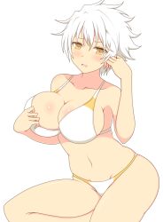 1girls bikini collarbone female front_view ichiryuu_tsumiki large_breasts light-skinned_female light_skin looking_at_viewer miyabi_(senran_kagura) open_mouth senran_kagura short_hair simple_background skindentation solo white_background white_bikini white_hair yellow_eyes