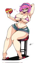 1girls armpits big_thighs bikini chocolate denim_shorts female_only flip_flops glasses hand_behind_head headband holding_object huge_breasts human human_only large_breasts long_hair looking_at_viewer micro_bikini minishorts pinart_sg pink_hair sandals sergioghi shorts sitting smile solo solo_female stool