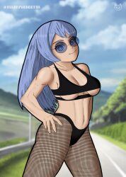 abs blue_hair breasts clothed clothed_female fluffyvendetta hero heroine innocent looking_at_viewer my_hero_academia nejire_hado railing smile street tree