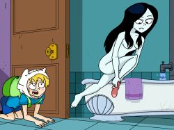 1boy 1girls adventure_time backpack bag bath bathroom bathtub canonical_scene cartoon cartoonnudity6 clothing completely_nude completely_nude_female female finn_the_human full_body human male marceline naked naked_female nude nude_female pale_skin peeping_on_marceline tub undressing walked_in_on