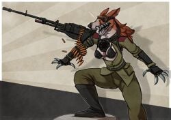 1girls 2022 anthro anthro_only armor belt black_bra boots bra breasts_out bullet casual casual_exposure claws clothing cybernetics dynamic_pose female female_only furry goggles gun highres keadonger machine_gun mechanical mechanical_arm mechanical_fixation military_uniform nipple_bulge nipples one_leg_up open_clothes open_mouth open_shirt pants red_eyes scp-1991 scp_foundation sharp_teeth shirt solo solo_female speaker tactical tactical_gear translator uniform watermark wolf wolf_ears