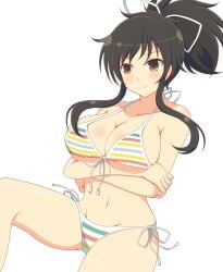 1girls asuka_(senran_kagura) bikini black_hair female front_view ichiryuu_tsumiki large_breasts light-skinned_female light_skin midriff navel ponytail senran_kagura simple_background smile solo tsumi white_background yellow_eyes