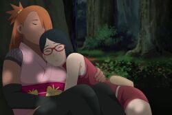 2girls against_wall akimichi_chouchou black_hair boruto:_naruto_next_generations bottomless chubby chubby_female closed_eyes cuddling dark-skinned_female dark_skin dress eyewear female female/female female_only fully_clothed glasses kimono larger_female megane multiple_girls naruto naruto_(series) optimystic orange_hair outdoors overweight overweight_female petite plump sarada_uchiha size_difference smaller_female smile voluptuous yuri