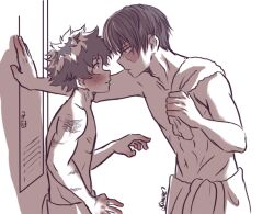 2boys against_wall gay izuku_midoriya kinnme locker_room male male_only my_hero_academia shouto_todoroki suggestive towel_around_waist towel_on_shoulder