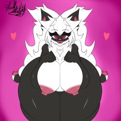 1:1 absurd_res anthro areola big_breasts breast_squish breasts domestic_cat felid feline felis female fluffyglitch fur hi_res looking_at_viewer mammal nipples nude simple_background smile solo squish thick_thighs unknown_character wide_hips