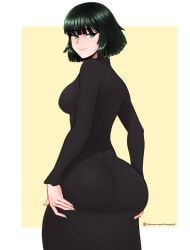 1girls absurd_res ass back back_view bangs big_ass big_breasts big_butt breasts bubble_ass bubble_butt clothed clothing curvaceous curvy curvy_body curvy_female curvy_figure dark_green_hair dress fat_ass female fraankyy fringe fubuki_(one-punch_man) green_eyes green_hair hand_on_ass highres hips hourglass_figure large_ass large_breasts legs light-skinned_female light_skin lips lipstick medium_hair one-punch_man round_ass short_hair sideboob slim smile smiling smirk thick thick_ass tight_clothing voluptuous wide_hips