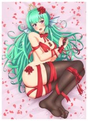 1girls ass ass_focus bare_shoulders bondage bowtie butt butt_focus chocolate chocolate_heart cleavage covered_nipples covered_pussy exposed_shoulders finana_ryugu fish_girl food_between_breasts green_hair hair_accessory hair_ornament hair_ribbon head_fins heart hi_res highres legs_tied legs_together legwear light_blush looking_at_viewer medium_breasts mizmillificent mostly_nude naked_stockings neck_ribbon nijisanji nijisanji_en nipples_covered nude nude_female object_between_breasts open_mouth purple_eyes ribbon round_ass round_butt soles solo solo_female solo_focus stockings thigh_squish thighhighs thighs tiara tied_arms tied_hands tied_legs tied_thighs tied_up virtual_youtuber