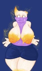 anthro big_breasts big_nipples breasts breasts_out broken_horn chubby_female denise_(sspaziim) electricity female female_only freckles gradient_skin horns nervous nipples no_bra orange_skin pussy_visible_through_clothes shorts showing_breasts sideboob simple_background sleeveless sleeveless_sweater sspaziim sweating thick thick_thighs turtleneck turtleneck_sweater wide_hips wide_thighs