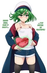 1girls angry bare_shoulders bare_thighs breasts chocolate coat collarbone english_text female frown gift green_hair hair_between_eyes hat heart lainart looking_at_viewer one-punch_man shorts shoulders skindentation small_breasts solo standing tatsumaki telekinesis text thighhighs thighs tsundere valentine valentine's_day white_background